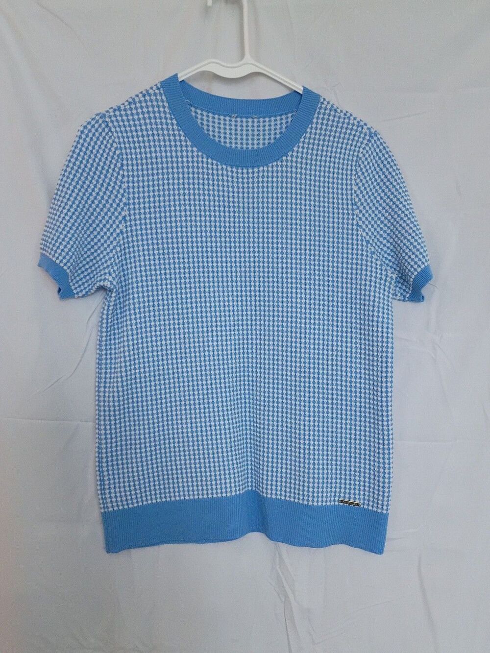 Anne Klein Blue and White Short Sleeve Coastal Knit Sweater Top
